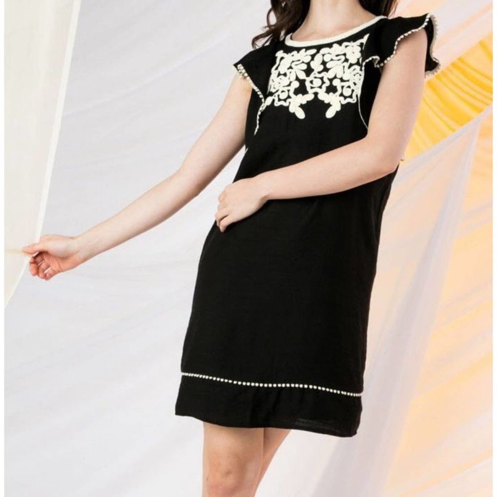 TMHL Womens Ruffle Sleeve Motif Dress Embroidered Ruffle Sleeve
